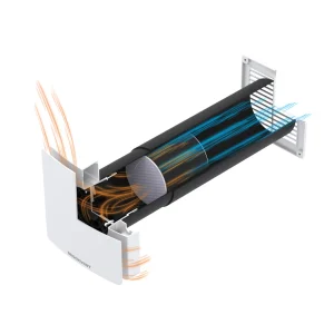 Zasada działania rekuperatora Aircycle ONE PRO – tryb nawiewu: pobieranie świeżego powietrza i odzysk ciepła z nagrzanego wymiennika.
