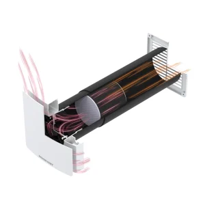 Zasada działania rekuperatora Aircycle ONE PRO – tryb wywiewu: usuwanie zużytego powietrza i ogrzewanie wymiennika ceramicznego.